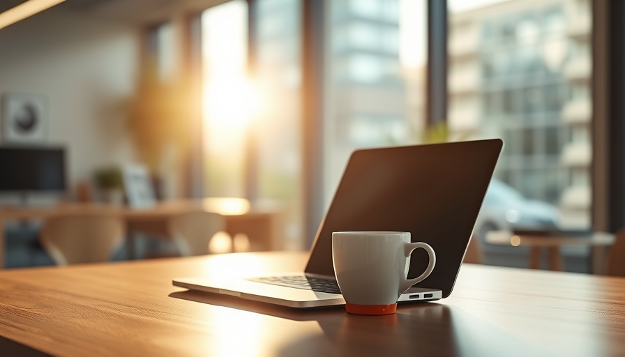 Warm, serene office with laptop and coffee, brand tone of voice ambiance.