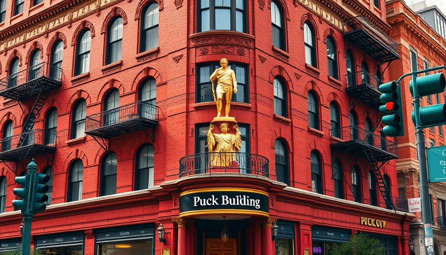 Puck Building history: ornate red brick architecture with golden statue.