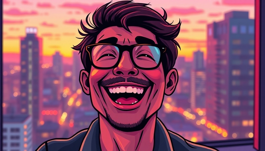 Joyful man smiling indoors with city lights, artistic illustration.