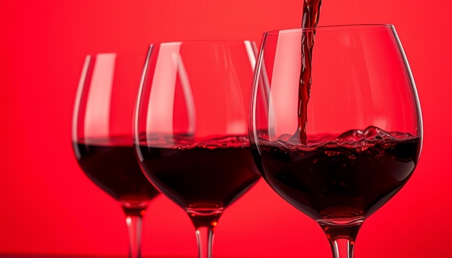 Lambrusco wine being poured into glasses against a red background.