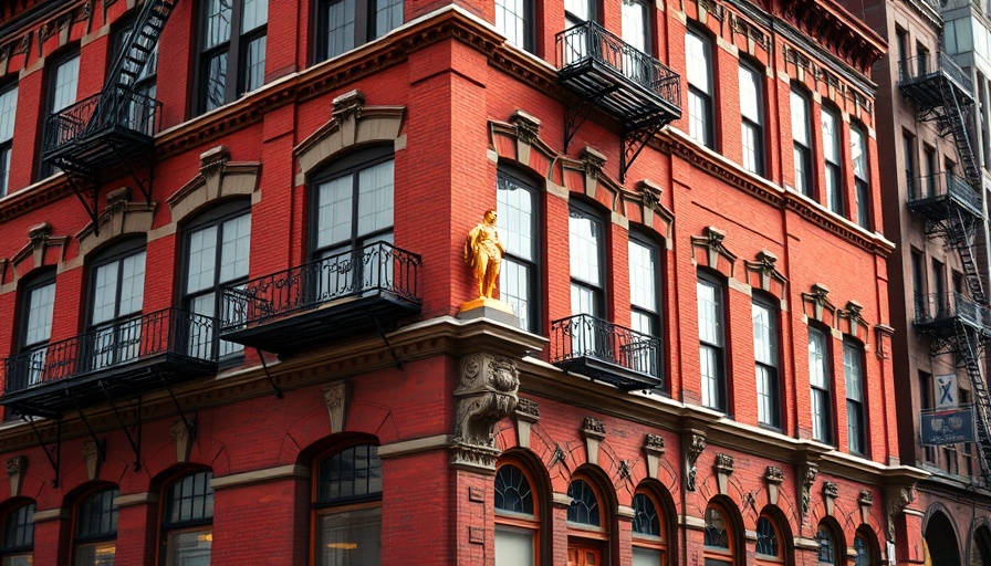 Puck Building with golden statue and red brick facade in urban setting.