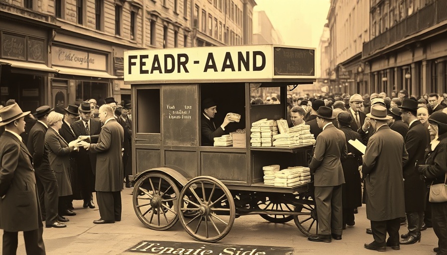Historical war-bread wagon surrounded by people in early 20th-century attire.