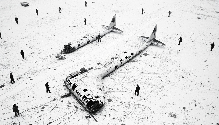 Aerial view of 1957 Rikers Island plane crash site in snow.