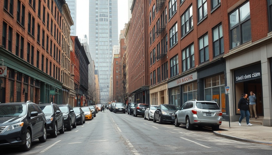 Duffy's Hill Manhattan urban street view with cars and buildings.