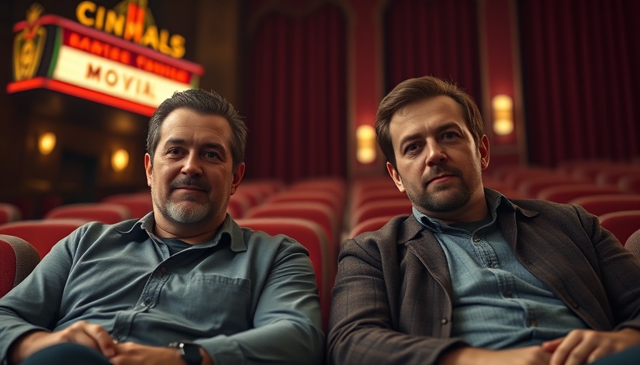 Cinema scene with two men under movie marquee.