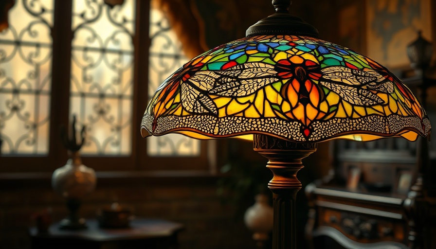 Tiffany Glass Gilded Age lamp with dragonfly design, vibrant colors.