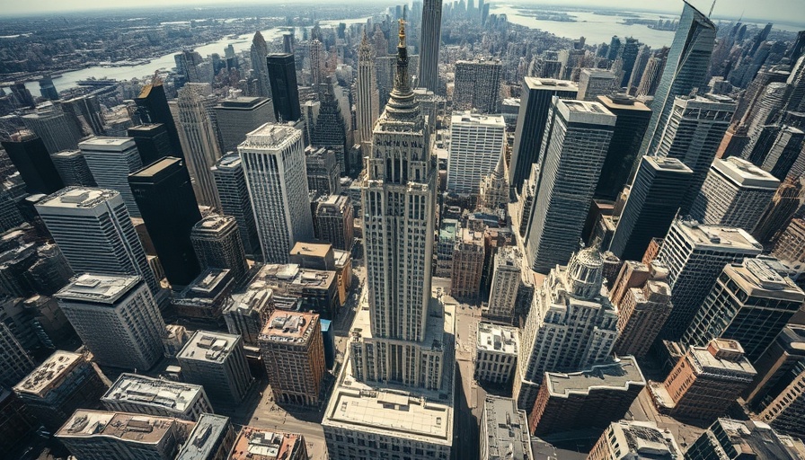 Historic aerial view of city skyscrapers reflecting Waldorf Astoria's elegance.