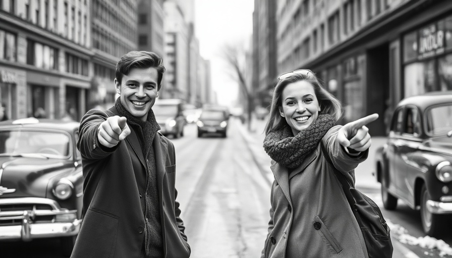Black-and-white photo of a young couple smiling in Greenwich Village.