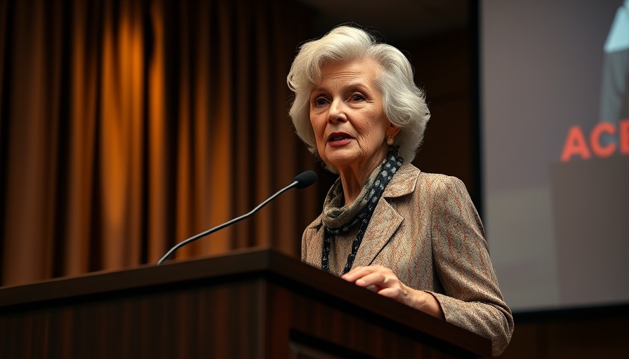 Elderly woman on podium at preservation event 2024.