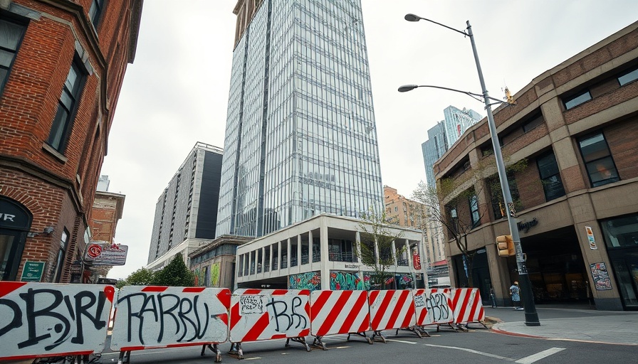 Urban street scene reveals lost building's remnants.