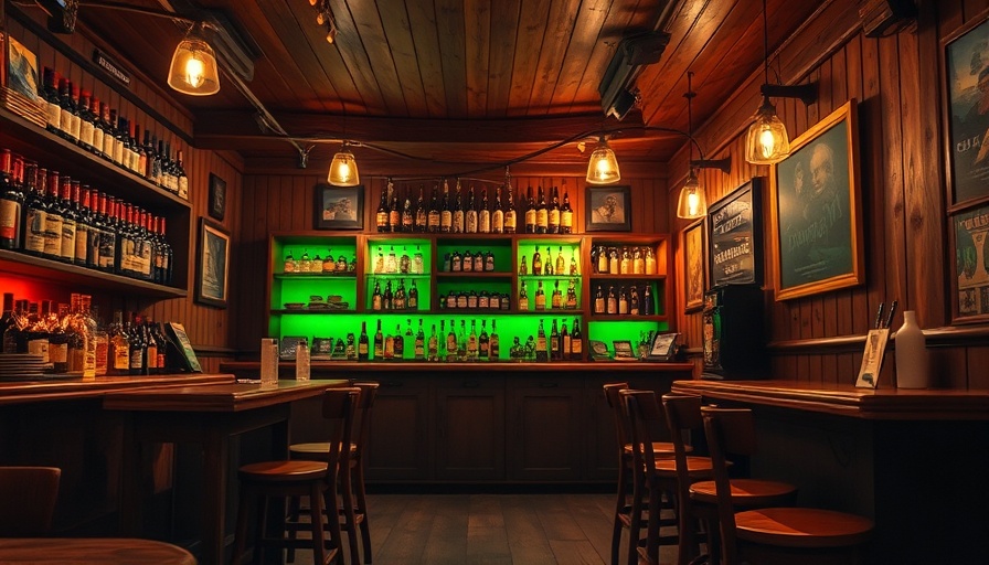 Cozy rustic bar with green lights, St. Patrick's Day ambiance.