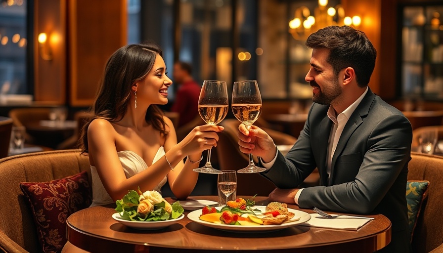 Elegantly dressed couple toasting with wine glasses in a cozy Valentine's Day setting.