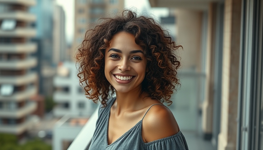 Woman smiling on a balcony in an urban setting, photorealistic.