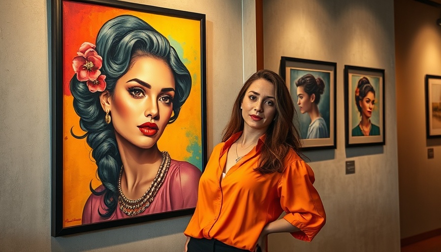Stylish woman in art gallery with vibrant portrait.