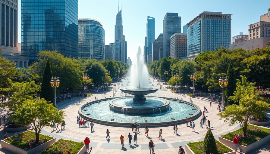 Penn Station redevelopment plan showing urban park with fountain.