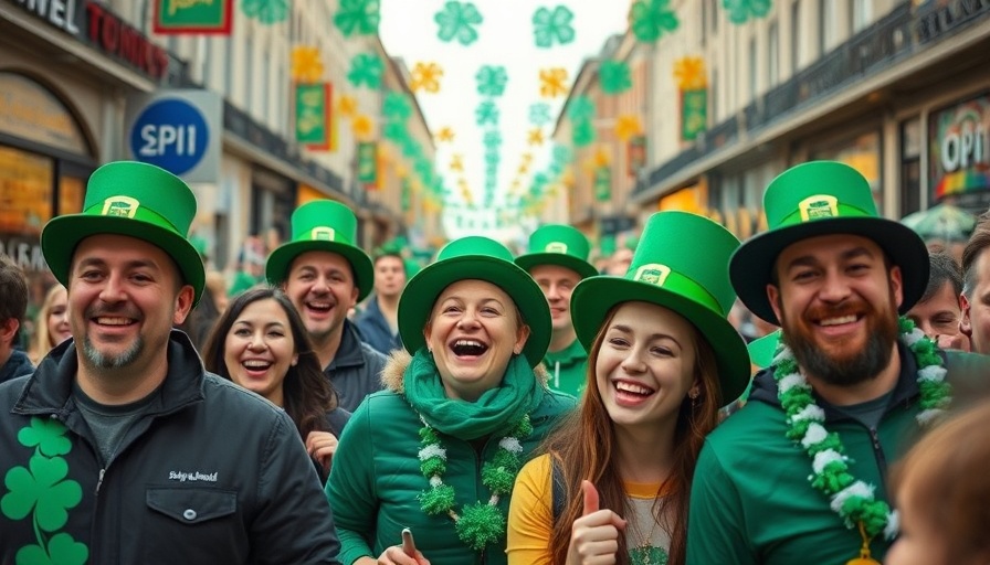 Joyful St. Patrick's Day crowd in festive attire celebrating.
