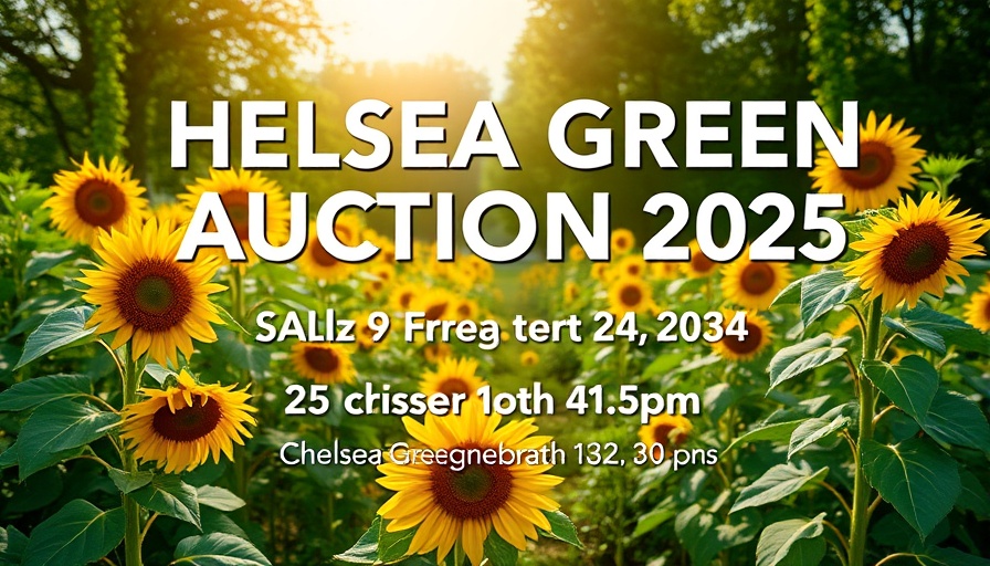 Poster for Chelsea Green Auction 2025 with event details in a bright park setting.