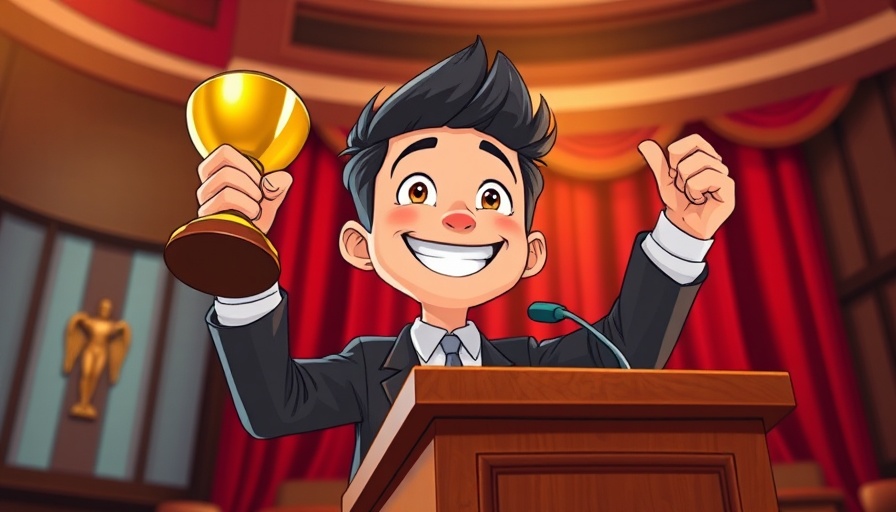 Animated cartoon figure at Gaffie Awards ceremony holding trophy.