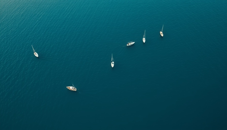 Calm sea with scattered small boats viewed from above, illustrating peacefulness.
