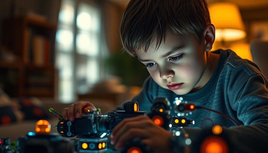 Young boy constructing a robot kit in dim lighting for kids.