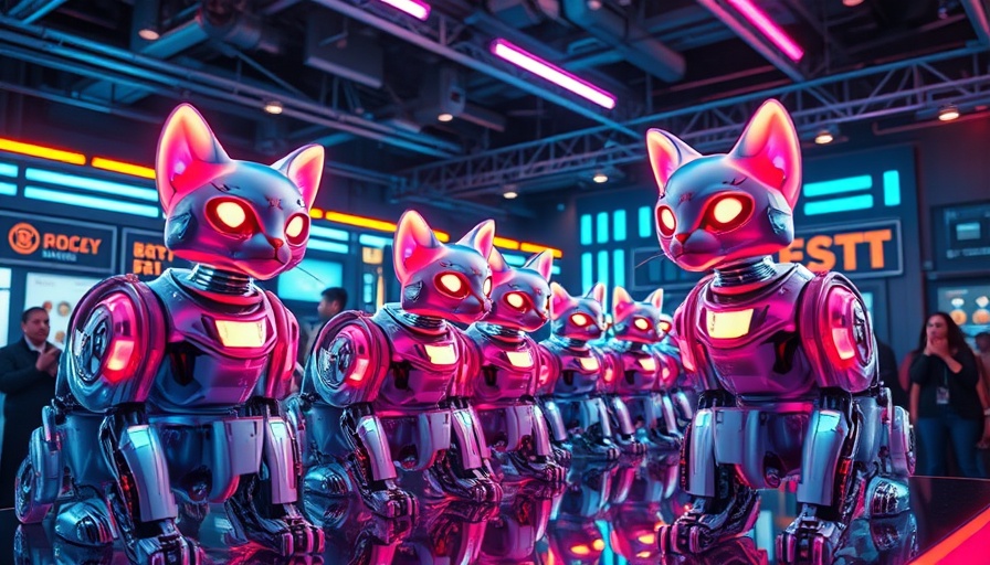 Futuristic exhibition of AI robotic cats in neon lights.
