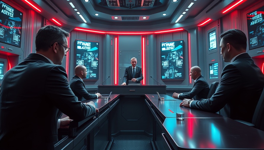 Futuristic courtroom with neon lighting, AI copyright debate scene.