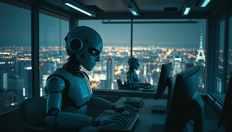 AI robots working in futuristic office, replacing human jobs.