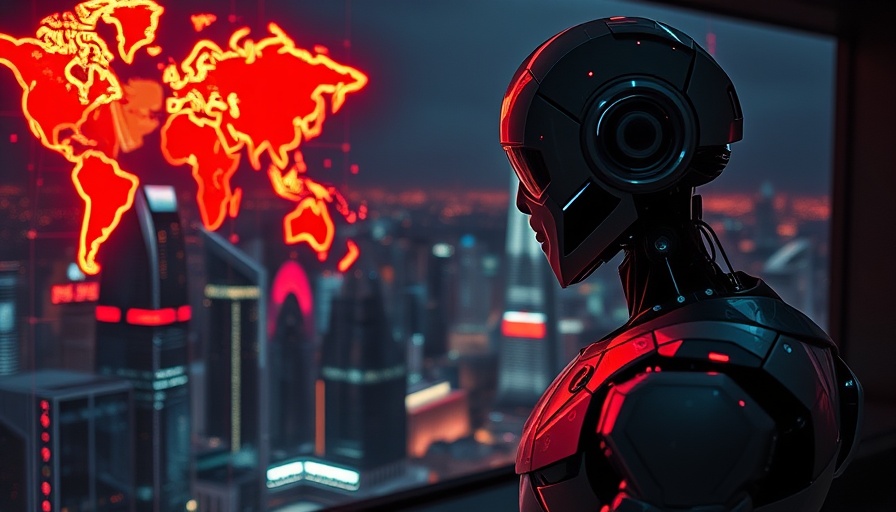 Futuristic robot analyzes world map impacts of tariffs on AI, cityscape.