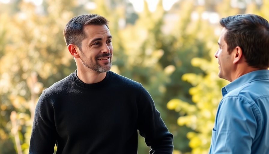 Two men conversing outdoors, Copyright-Aware AI context.