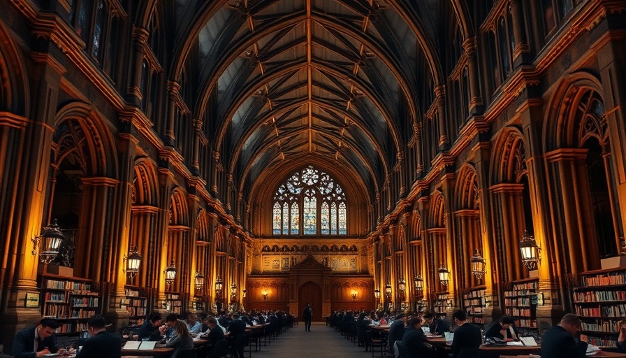 Gothic university hall with students studying at night - Generative AI in Education
