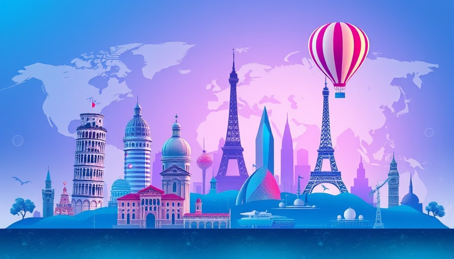 Telegram AI Bots for Travel illustration with landmarks and digital map.