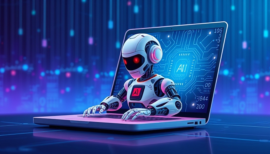 AI chatbots for social media content: robot with laptop and AI chip in digital network.