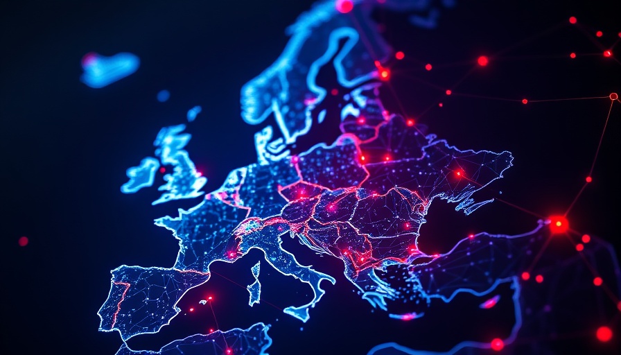 Futuristic map of Europe with glowing data points symbolizing AI training.