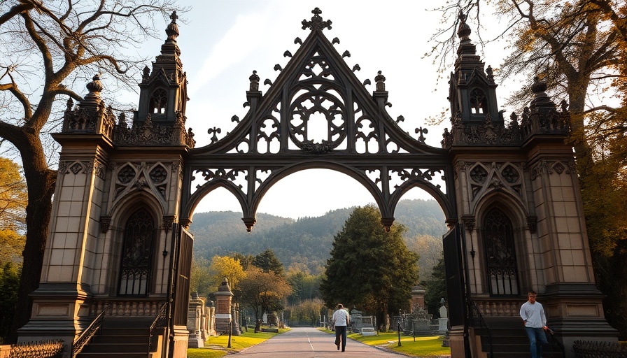Green-Wood Cemetery entrance and historical landscape illustration showing architectural and scenic details.