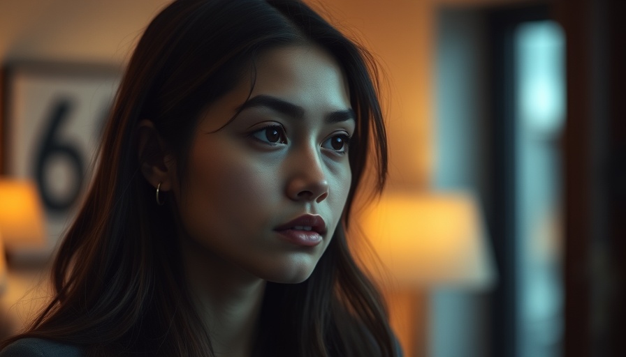 Contemplative young woman in dim interior, warmth and serenity.