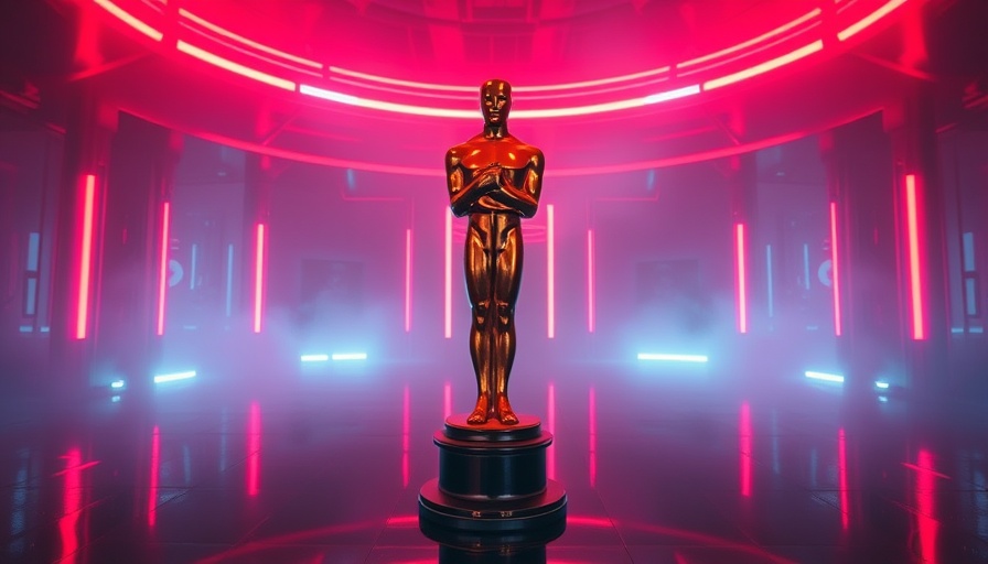 AI films Oscars eligibility concept in neon-lit room with Oscar statue.