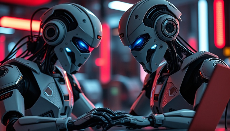 Futuristic robots in tech environment engaging with a keyboard.