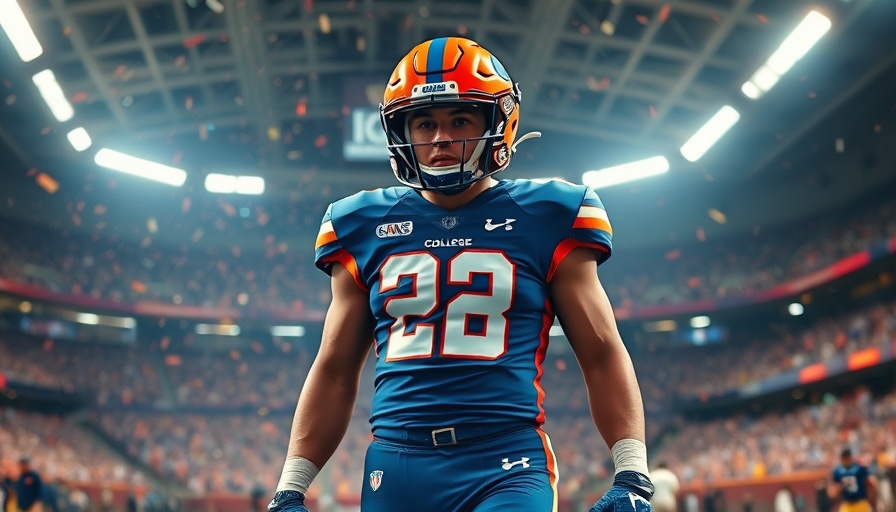 College football player in blue uniform on field at stadium