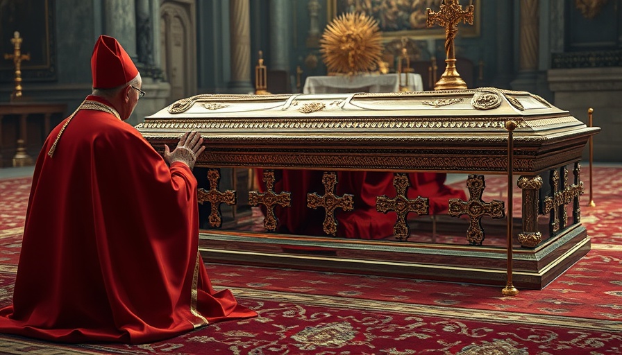Reflective metal coffin being blessed by cardinal, carpet pattern detail.