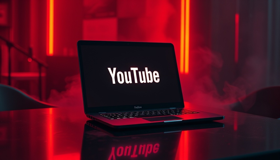 Futuristic laptop with glowing YouTube logo in a red neon environment