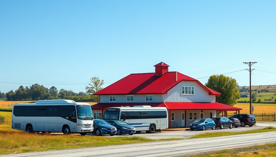 Rural community building with red roof and vehicles near gravel road.