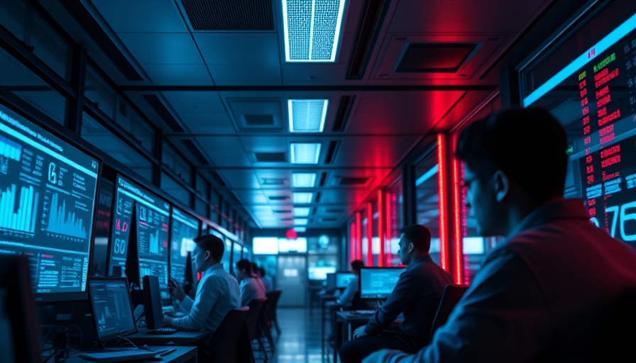Futuristic office depicting AI's impact on job market with digital interfaces.