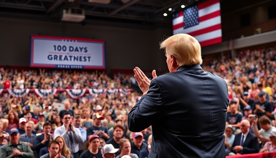 Trump 100 days in office rally with audience and sign.