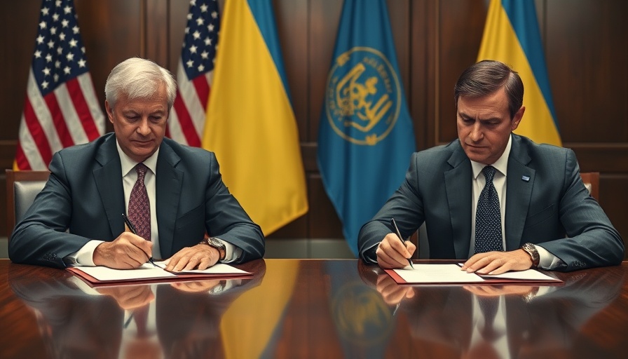 Officials sign US and Ukraine natural resources deal with flags in background.