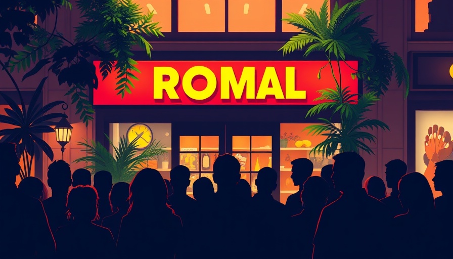 Cartoon banner in vibrant style, promoting a storefront in NYC.