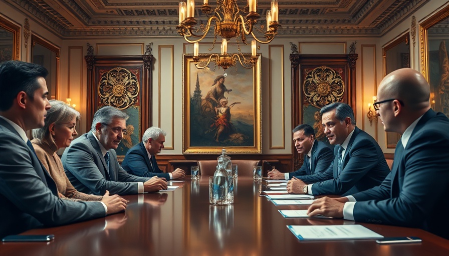Prestigious meeting on climate law with professionals in elegant room.