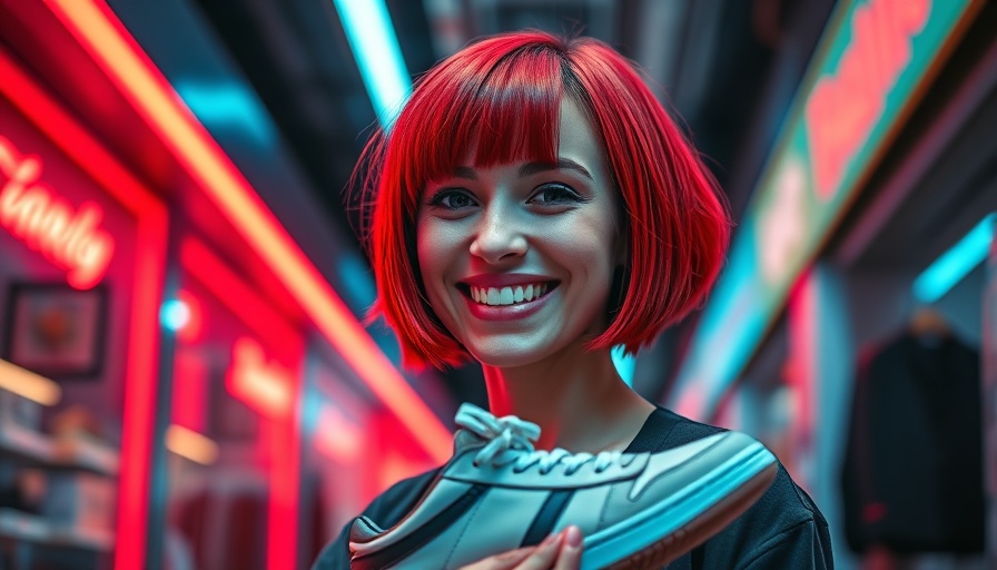 AI retail assistant holding sneaker under neon lights.