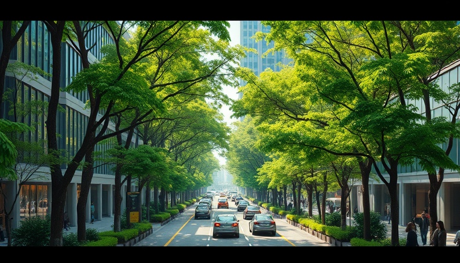 Futuristic urban street with greenery and traffic in city planning.