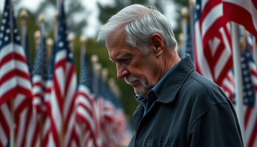 Elderly man solemnly standing with American flags, reflecting on renaming Veterans Day.