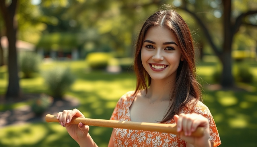 Young woman with croquet mallet in garden, smiling outdoors.